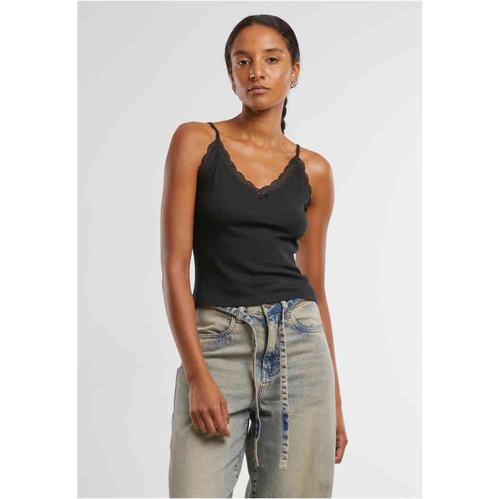 Urban Classics - VNeck Lace Mouwloze top - Zwart/Zwart